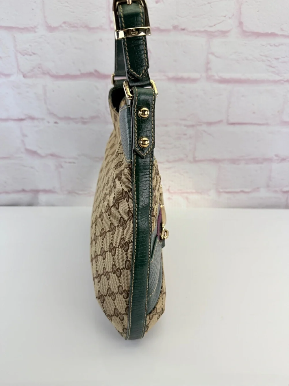 Gucci Beige/Ebony GG Canvas Green Leather Horsebit Hobo Bag